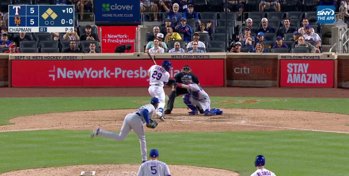 The Mets won on a walk-off hit by pitch after Aroldis Chapman accidentally pegged DJ Stewart with bases loaded