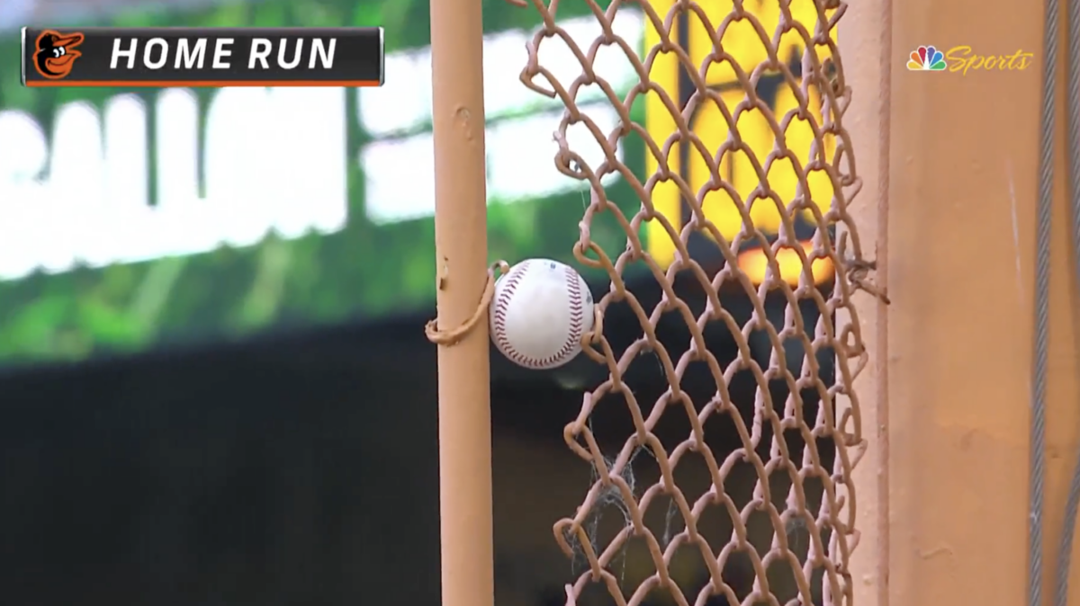 The Orioles’ Austin Hays blasted an HR ball that bizarrely got stuck in the Athletics’ foul pole