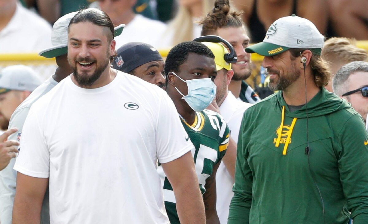 Aaron Rodgers fed the David Bakhtiari Jets trade rumors by randomly tagging the Packers OT on Instagram