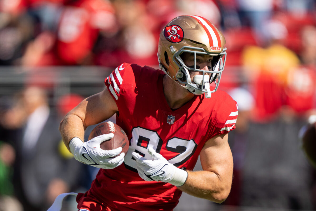 WATCH: 49ers’ Ross Dwelley holds on to deflected pass from Trey Lance for touchdown vs. Raiders