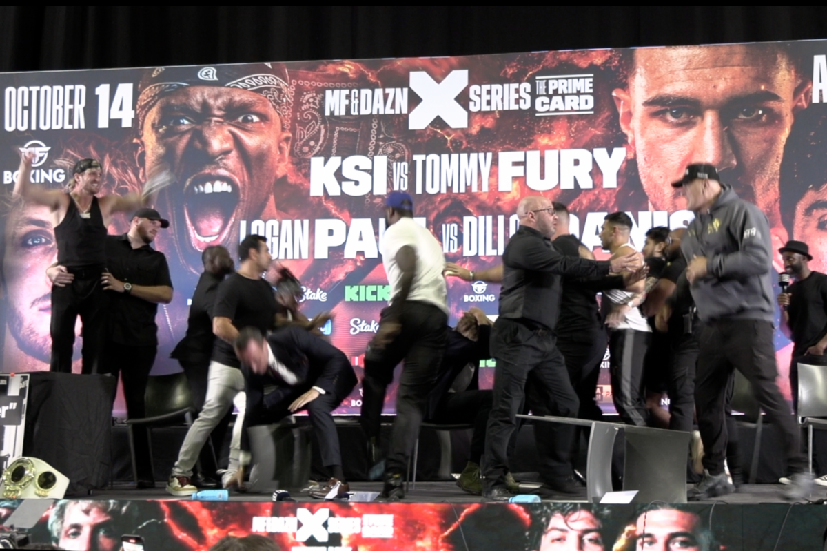 Video: KSI, Tommy Fury, Logan Paul, Dillon Danis have insane press conference before complete meltdown