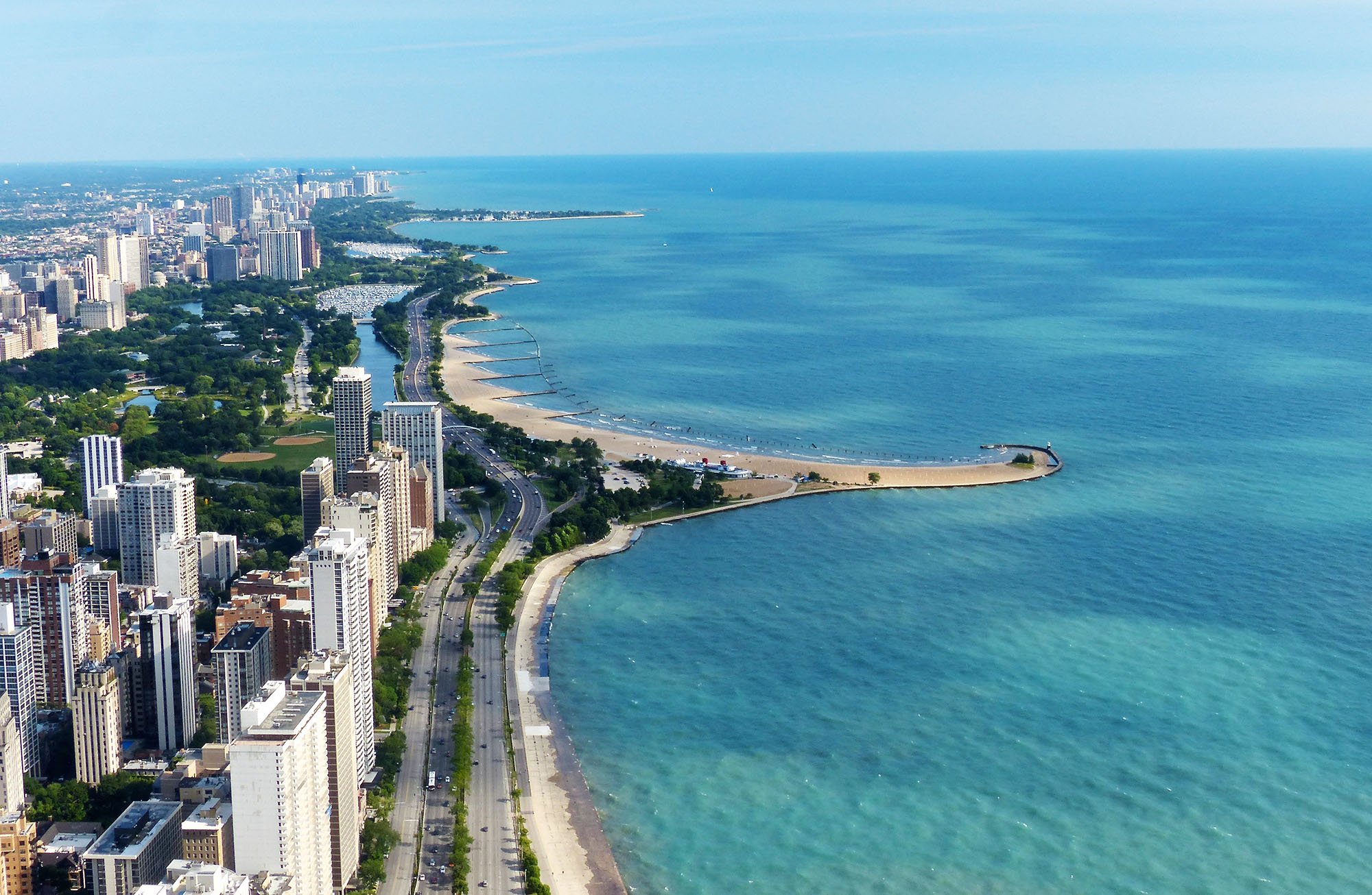Aerial view of Chicago overlooking Lake Michigan.