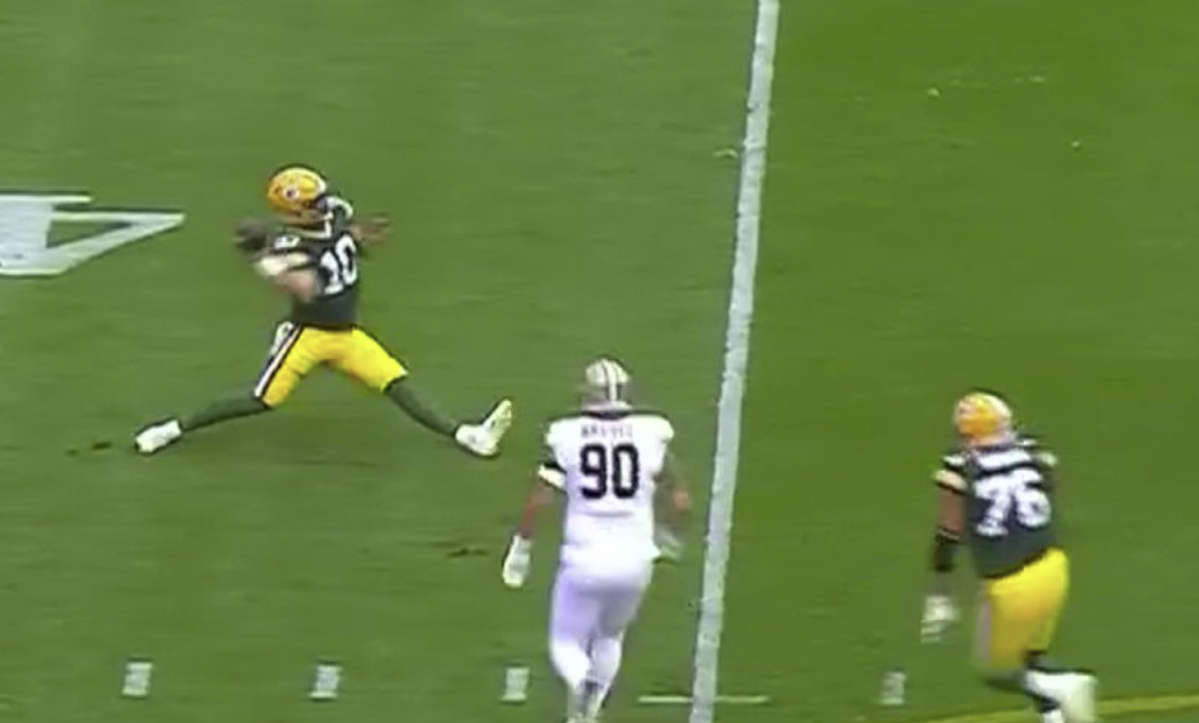 Jordan Love nearly hurt himself trying to launch an ill-advised pass on a hopeless trick play
