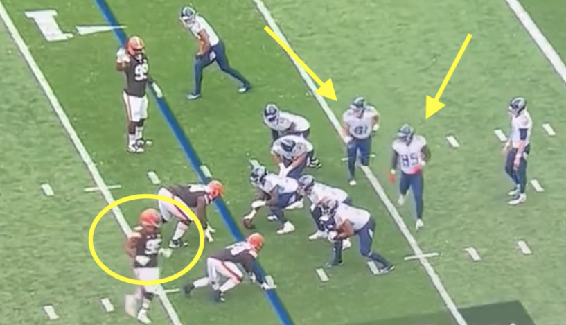 The Titans were tired of Myles Garrett wrecking their offense so they hilariously sent 2 guys to shadow him