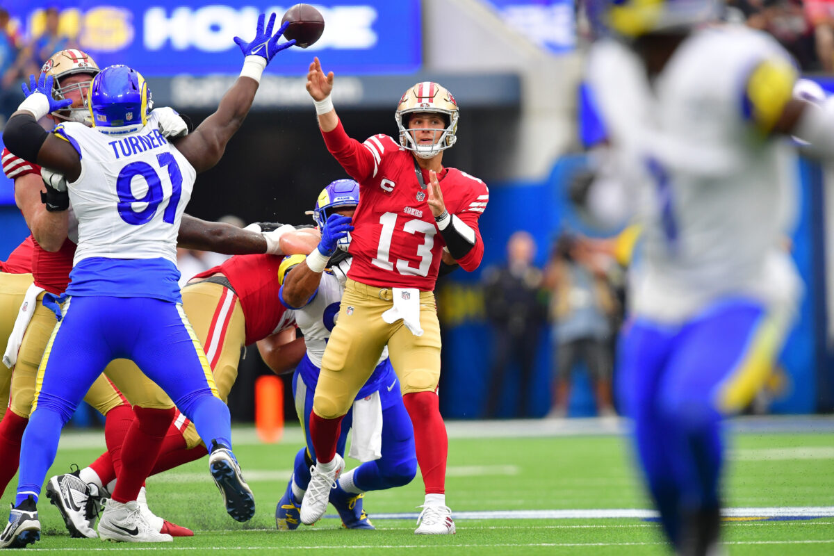 Watch: 49ers’ Brock Purdy punches in touchdown to tie game as time expires in first half vs. Rams