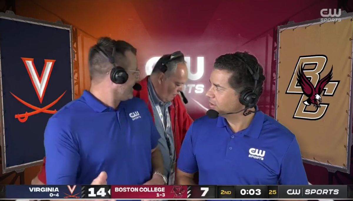 Someone walking through the Virginia – Boston College announcers’ booth hilariously interrupted the broadcast
