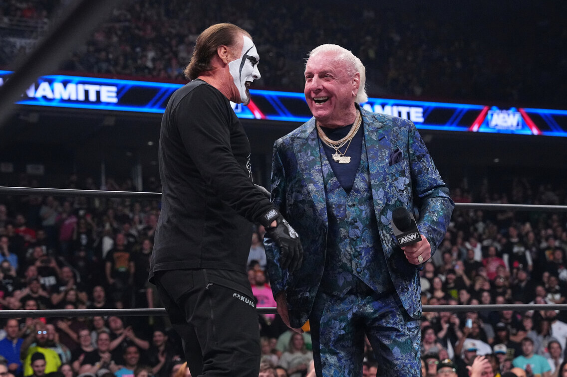 Ric Flair makes surprise AEW debut, celebrates Sting as his retirement tour begins