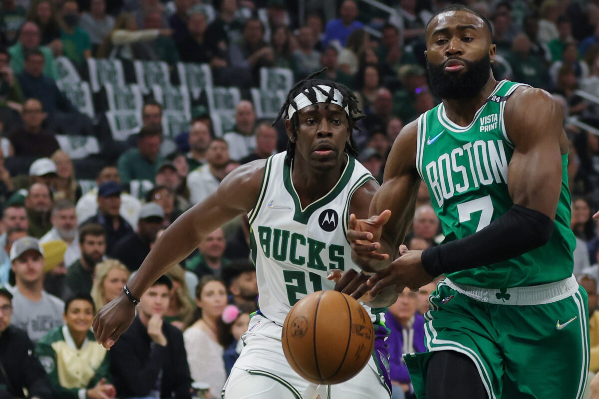 Jrue Holiday stops Jaylen Brown in his tracks on his first day with the Boston Celtics