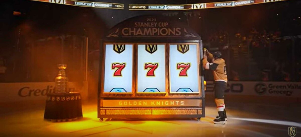 The Golden Knights used a giant slot machine to raise their Stanley Cup banner, because Vegas