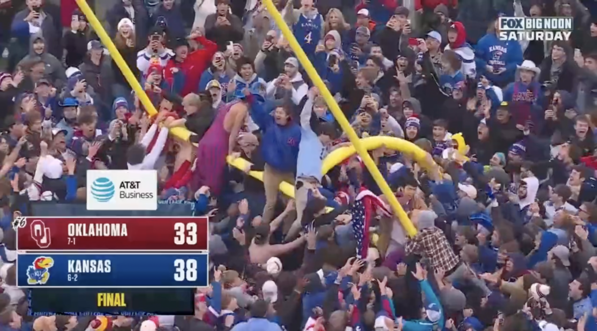 6 views of rowdy Kansas fans ripping down the goalpost after Jayhawks stunned No. 6 Oklahoma