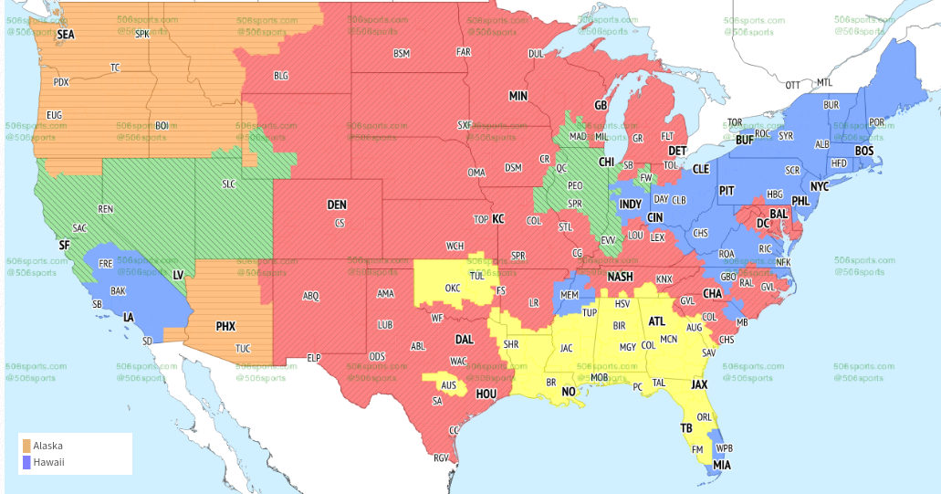 TV broadcast map for Ravens vs. Lions in Week 7