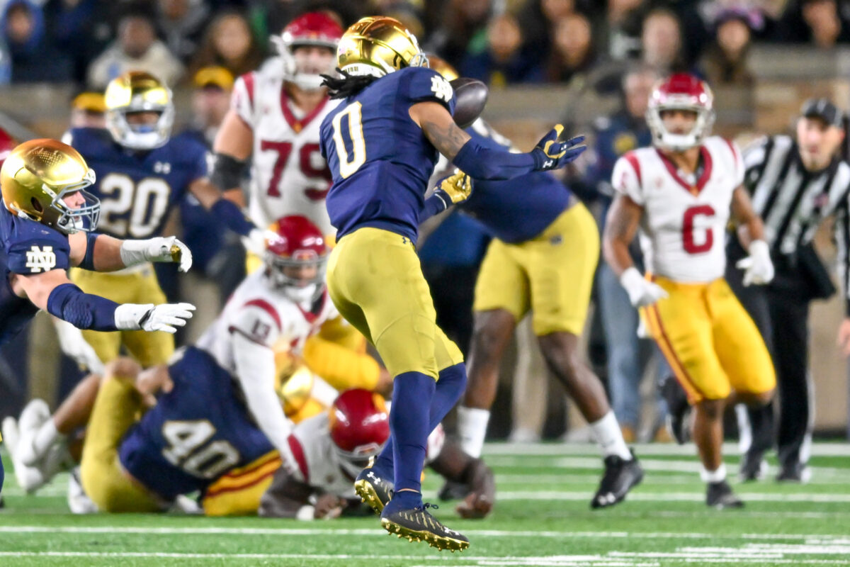 Notre Dame’s Xavier Watts adds fumble recovery TD return to 2 interceptions