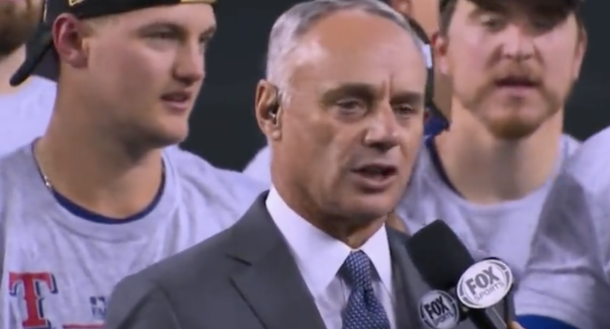 Rob Manfred’s voice was struggling during the World Series celebration and MLB fans had so many jokes