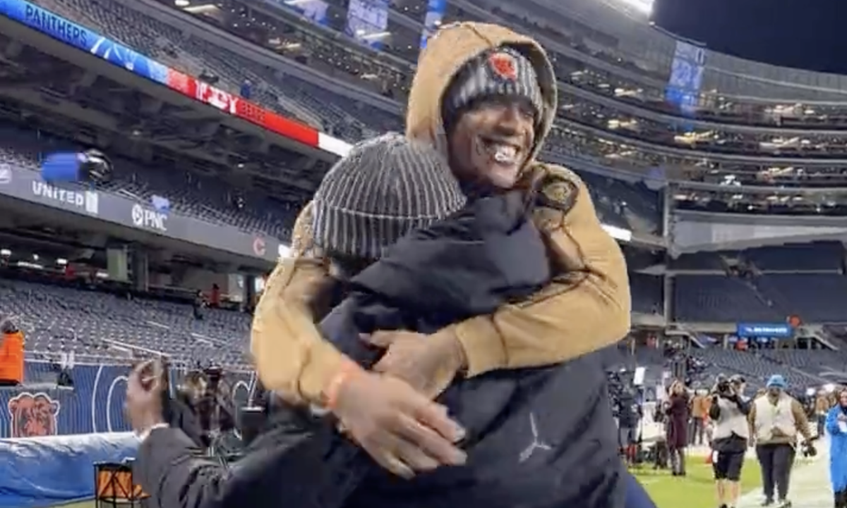 D.J. Moore reunited with former Panthers teammate Brian Burns by literally jumping into his arms