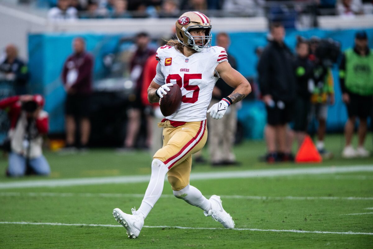 Watch: Brock Purdy hits George Kittle for long TD pass down sideline vs. Jags