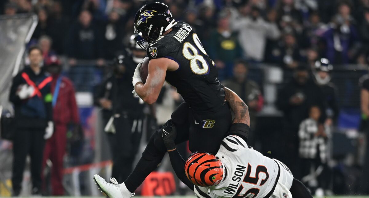 Ravens TE Mark Andrews injured on hip-drop tackle, which the NFL has considered banning