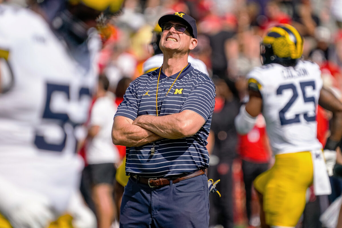 Jim Harbaugh awkwardly quoted Ted Lasso to compare Michigan’s locker room to his mom’s beach attire