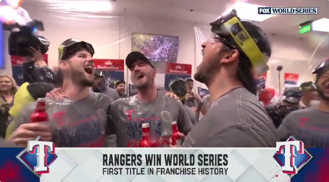 The Rangers delightfully sang along to Creed anthem “Higher” to celebrate World Series victory
