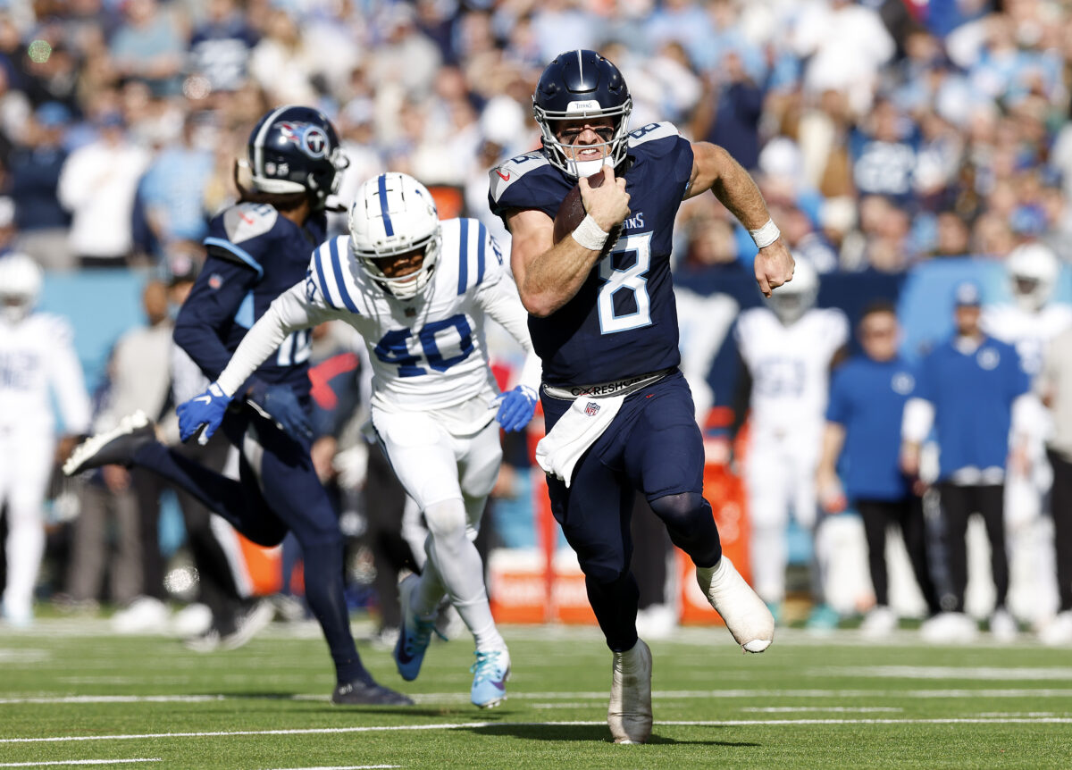 Titans quarterback Will Levis throws interception, forces fumble on the same play