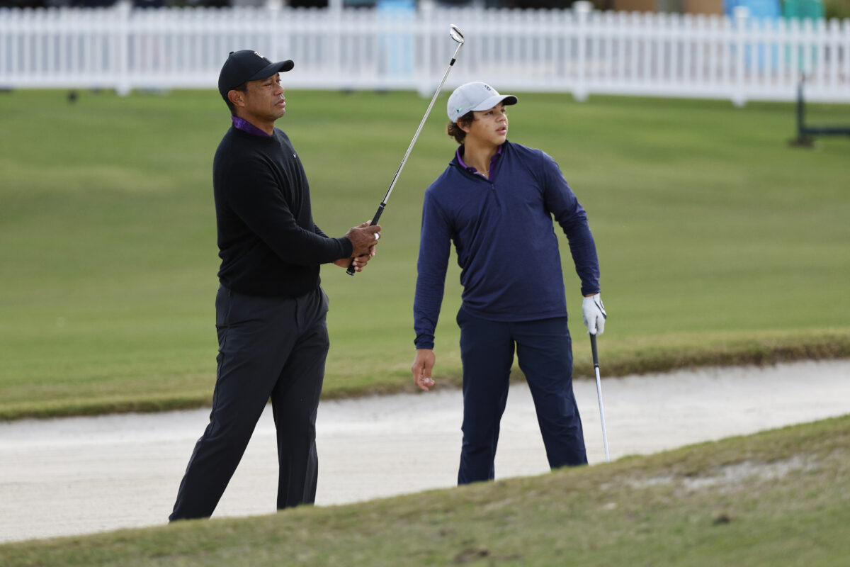 Mics caught Tiger Woods’ NSFW reaction to Charlie’s range shot before 2023 PNC Championship round