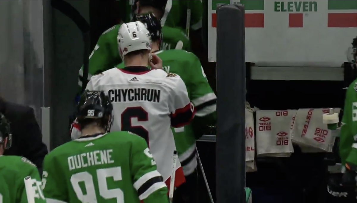 Jakob Chychrun had a bloody good reason for skating to the Stars locker room for intermission