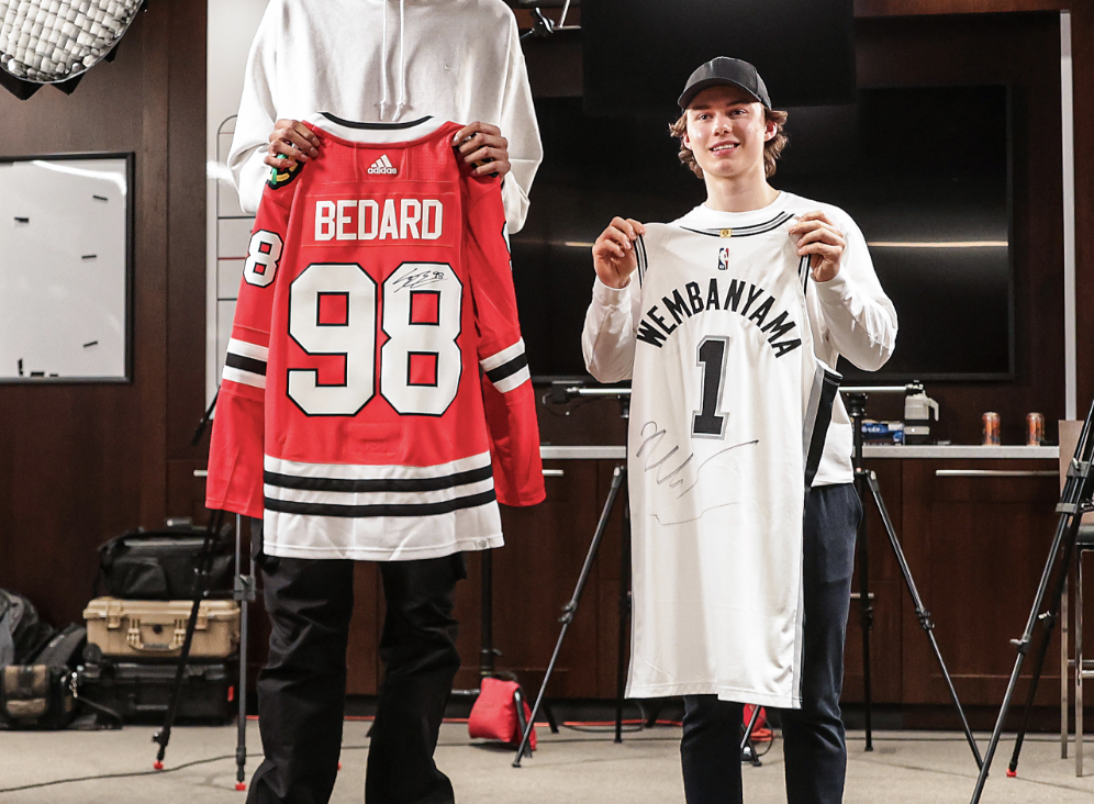Victor Wembanyama appears twice as tall as Connor Bedard in No. 1 pick jersey swap