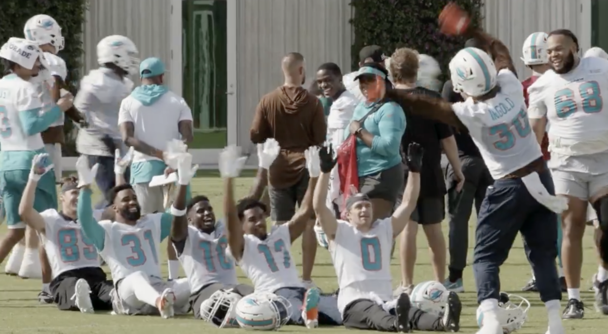 Hard Knocks footage showed the Dolphins delightfully rehearsing their roller coaster celebration in practice