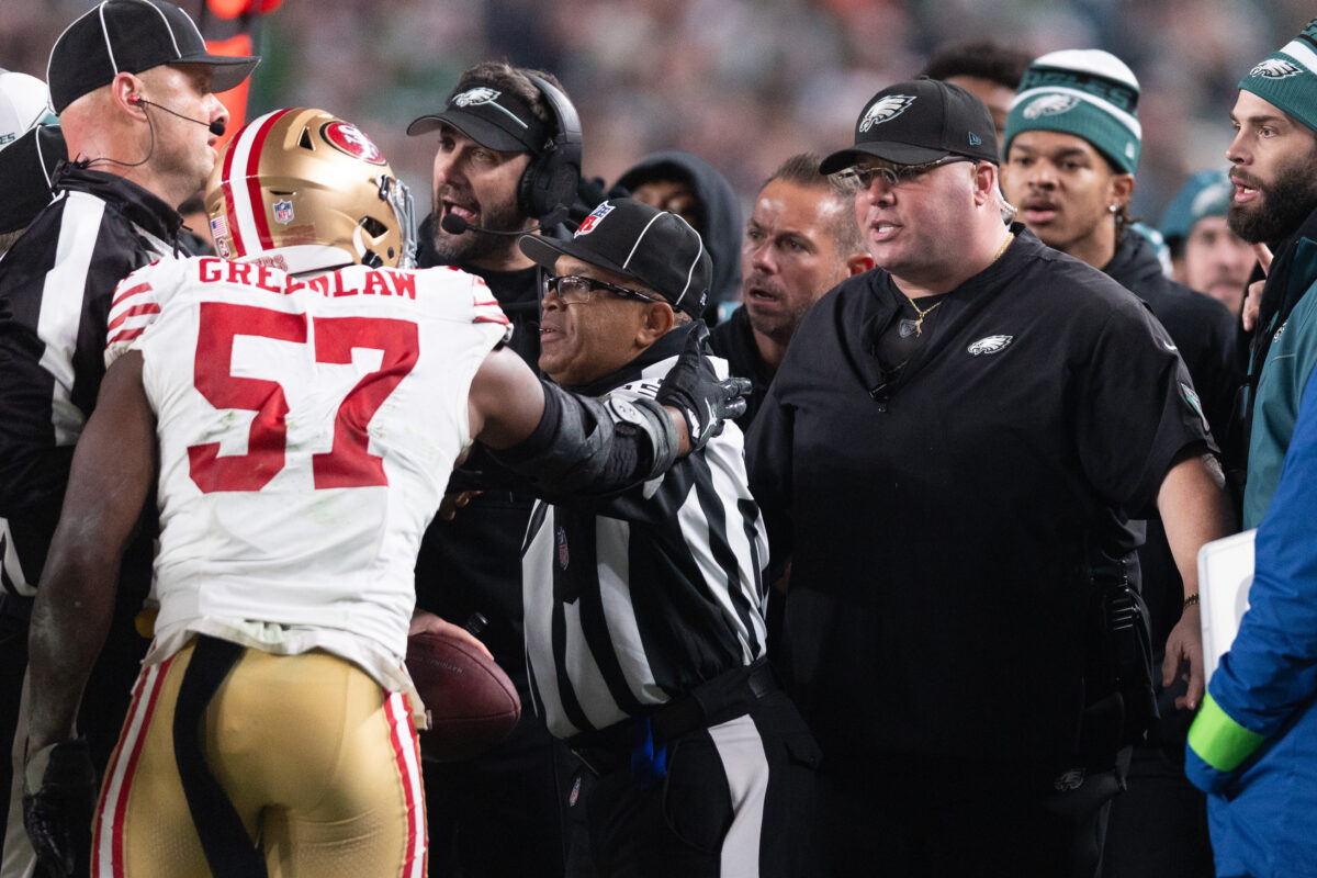 Watch: Dre Greenlaw ejected for hitting Eagles head of security in the face