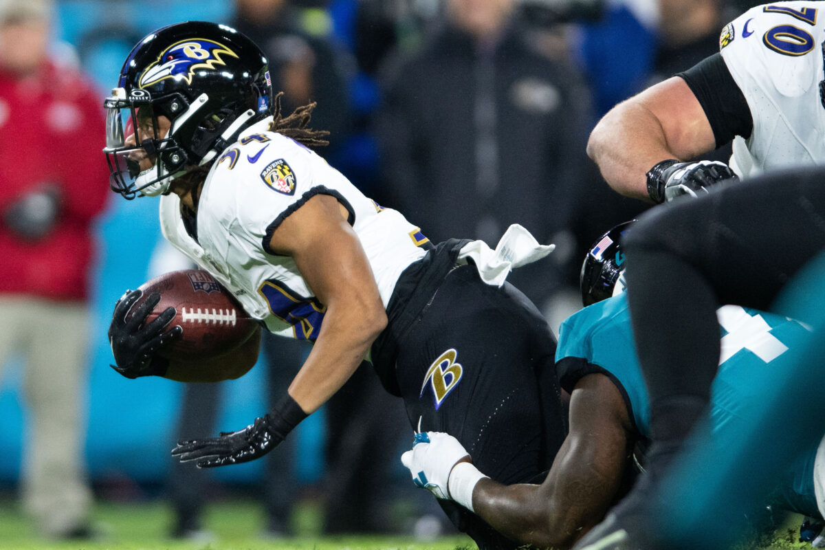 Rookie RB Keaton Mitchell exits Ravens matchup vs. Jaguars with a knee injury