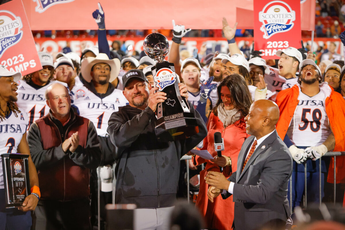 UTSA coach Jeff Traylor left nothing to the imagination about getting doused in cold brew after Frisco Bowl win