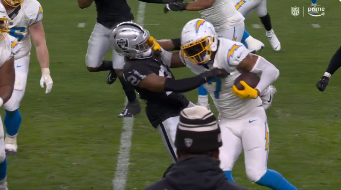 Gerald Everett obliterated Amik Robertson with a vicious stiff-arm to give Chargers fans a moment to cheer for