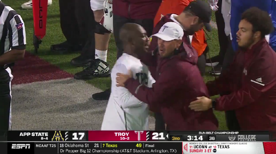 Troy coach Jon Sumrall threw a ferocious tantrum over a possible missed call during Sun Belt title game