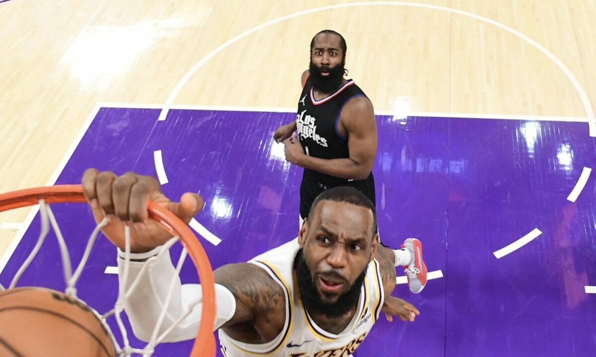 James Harden was absolutely mesmerized by this poster dunk from LeBron James