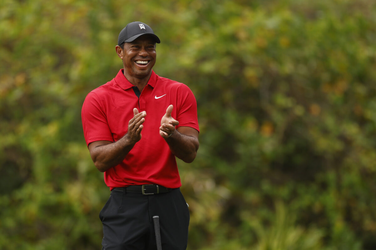 Watch: Tiger Woods challenged Riggs to a long-drive contest — and then won from his knees