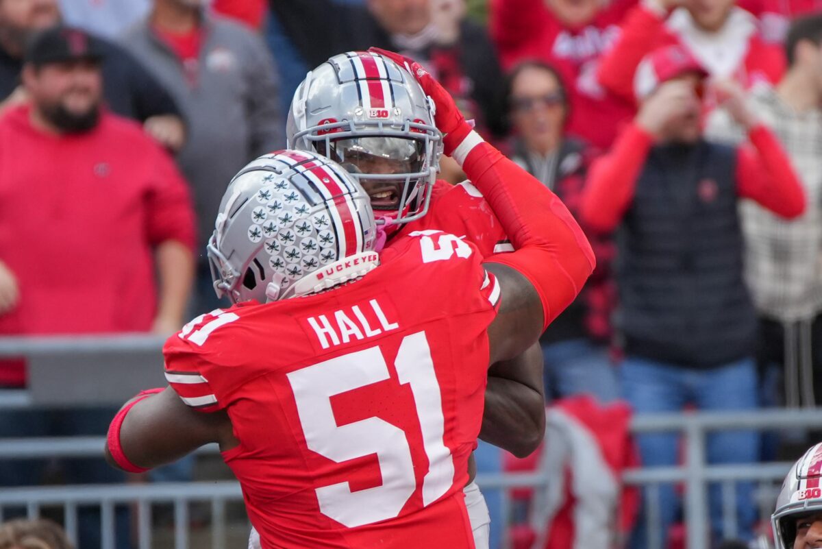 Former Ohio State defensive tackle Michael Hall Jr. flashes at Senior Bowl practice