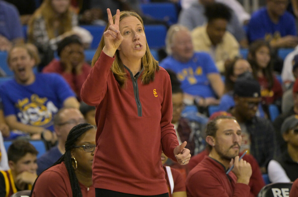 Lindsay Gottlieb hypes up the Galen Center crowd after USC defeats UCLA