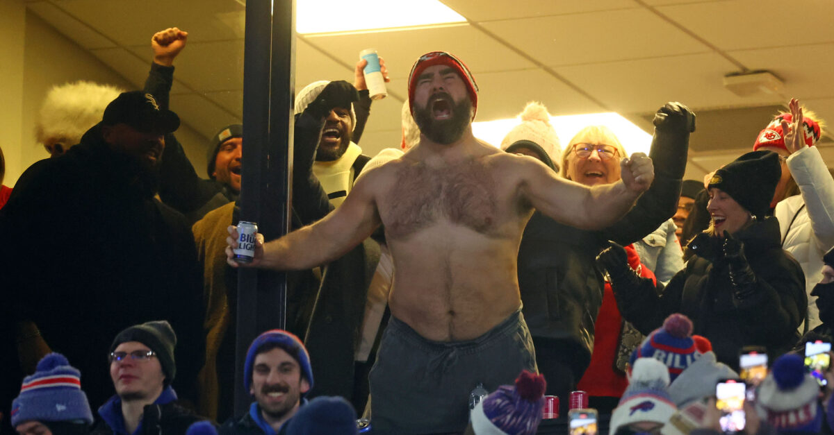 Jason Kelce tailgated with Bills Mafia before reacting to Travis’ TD with an electric shirtless celebration