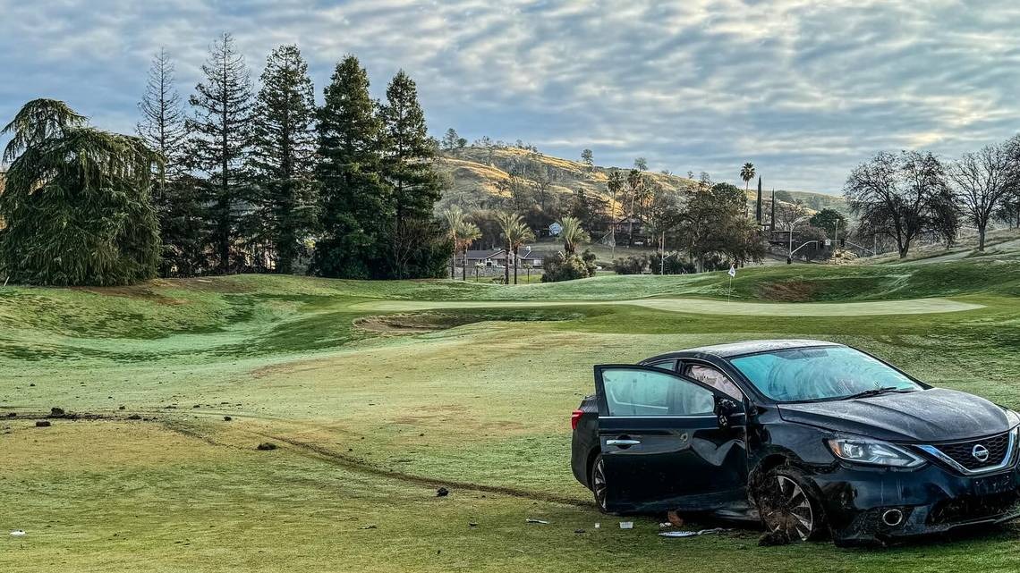 Woman blows through stop sign in fog, launches car onto 8th hole of Johnny Miller-designed golf course