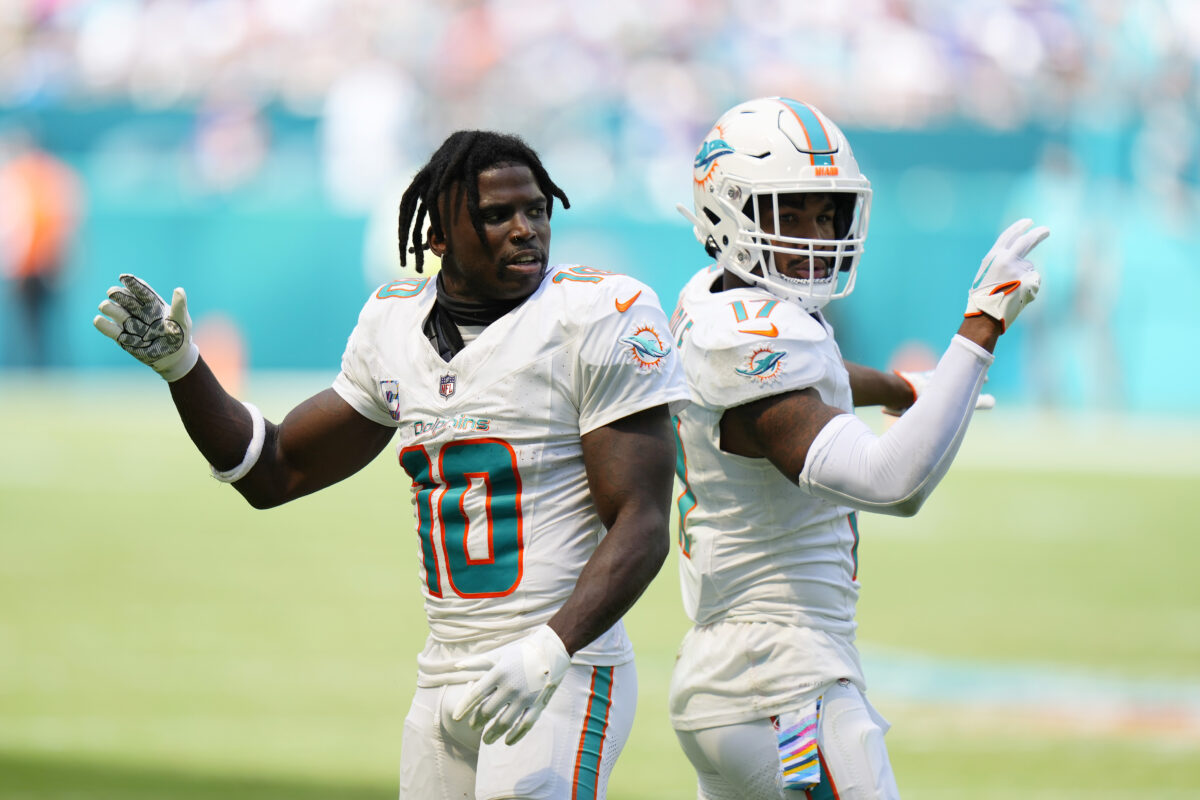 Dolphins WR Tyreek Hill reacts to Jaylen Waddle trade discussions
