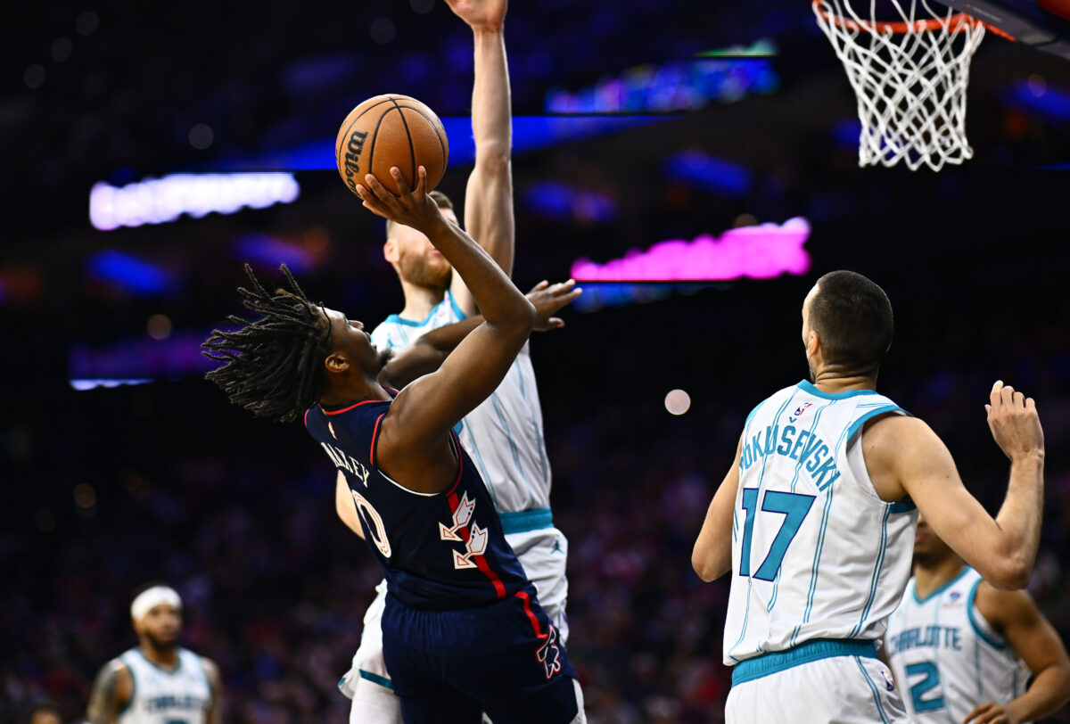 Tyrese Maxey reacts to hit from Hornets’ Brandon Miller in Sixers’ win