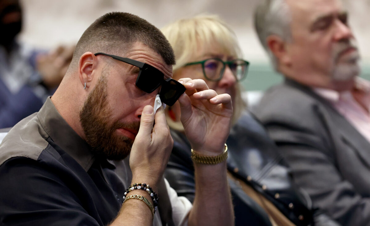 Travis Kelce broke down in tears as he watched brother Jason Kelce announce his NFL retirement