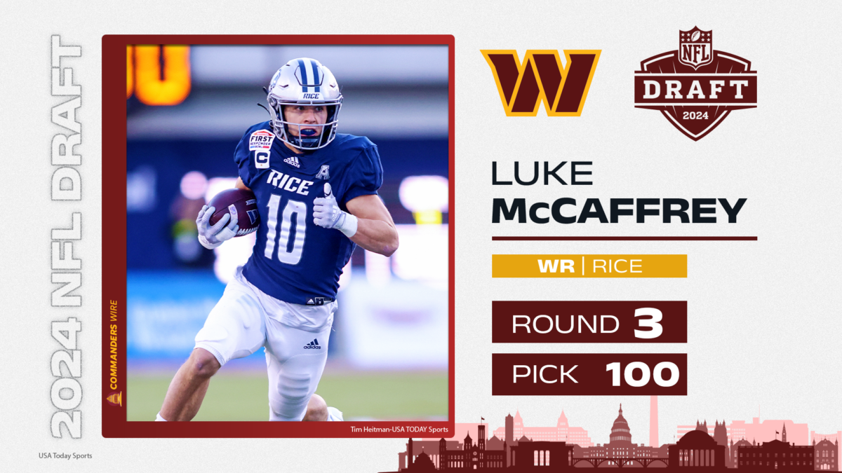 Commanders select Rice WR Luke McCaffrey at No. 100 overall in the 2024 NFL draft