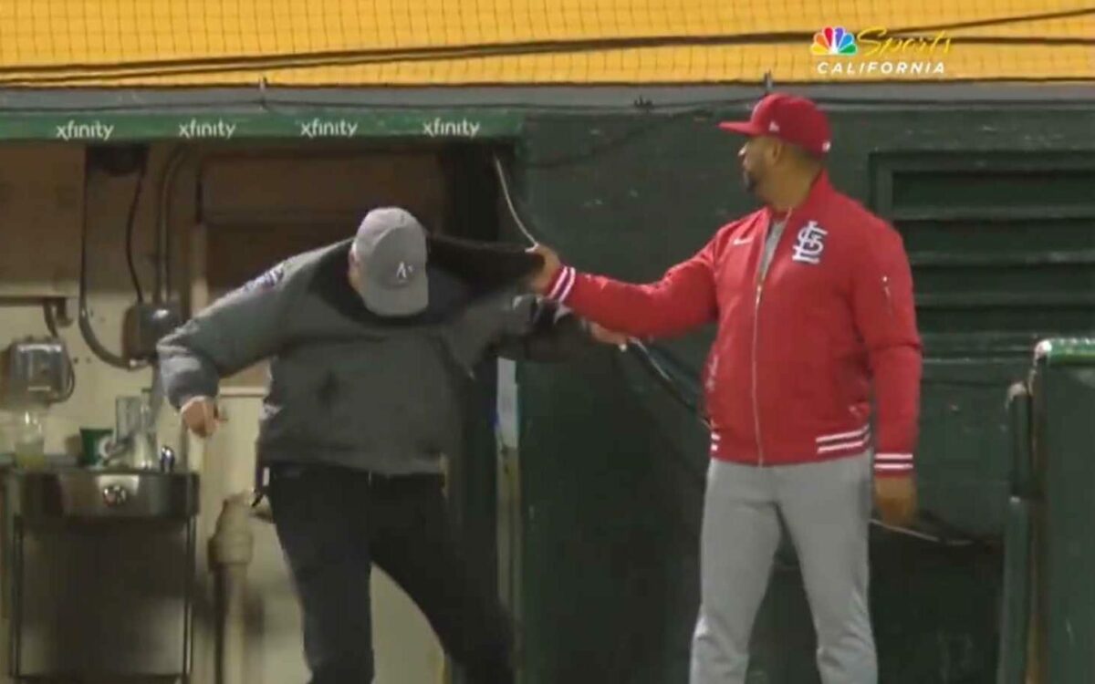 Cardinals manager Oliver Marmol grabbed an A’s security guard during a bizarre challenge moment
