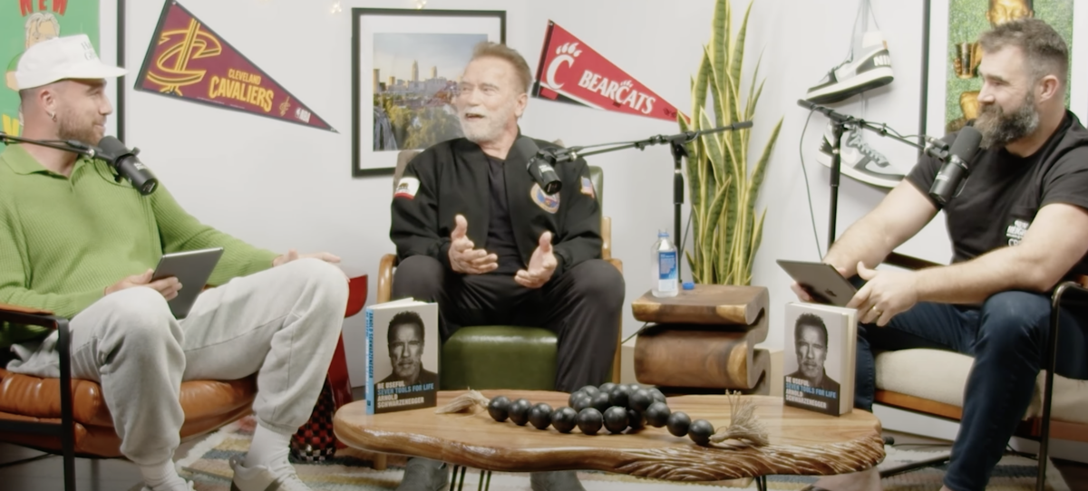 Jason and Travis Kelce hilariously roasted their dad while welcoming Arnold Schwarzenegger on New Heights
