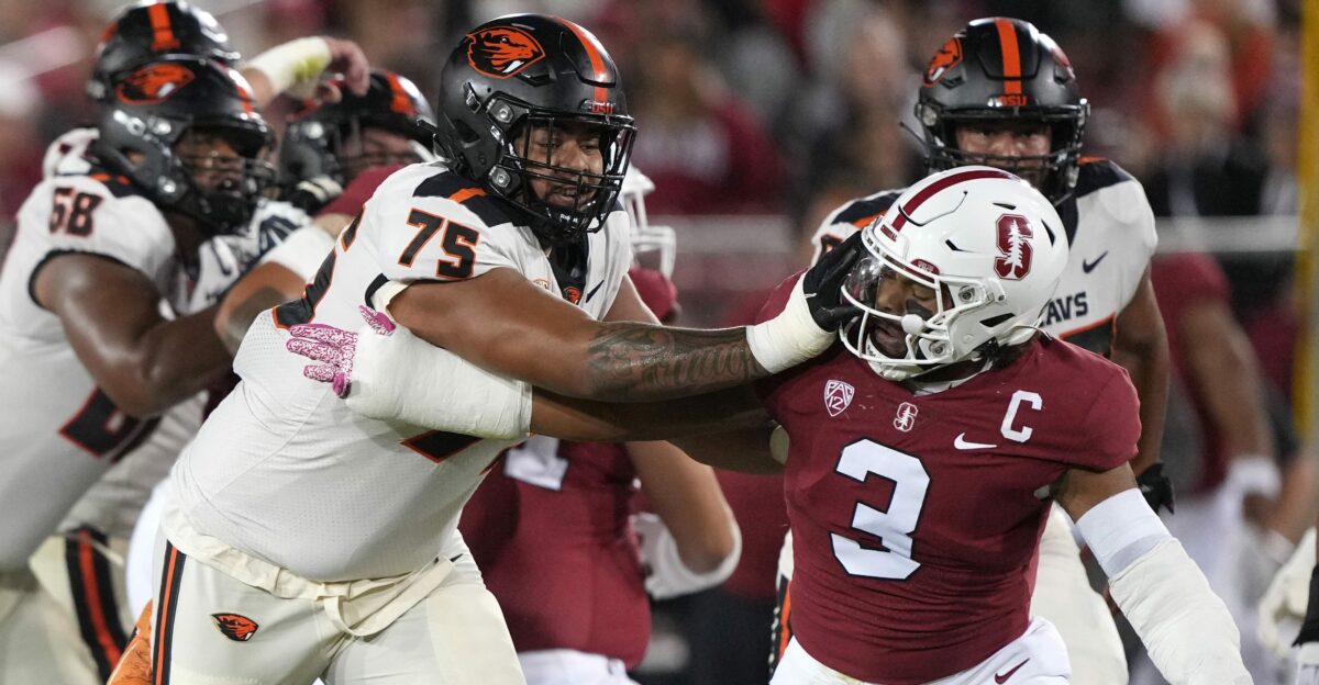 New Orleans Saints select Oregon State OL Taliese Fuaga with the 14th overall pick. Grade: B-