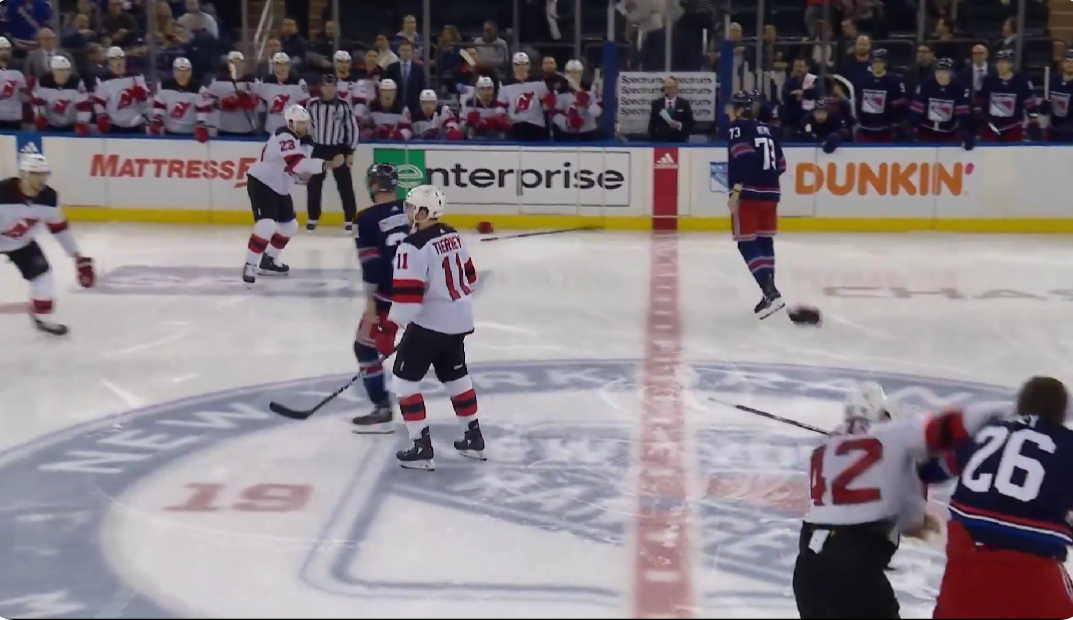 The Rangers and Devils started an all-out line brawl the second the puck dropped, resulting in 8 ejections