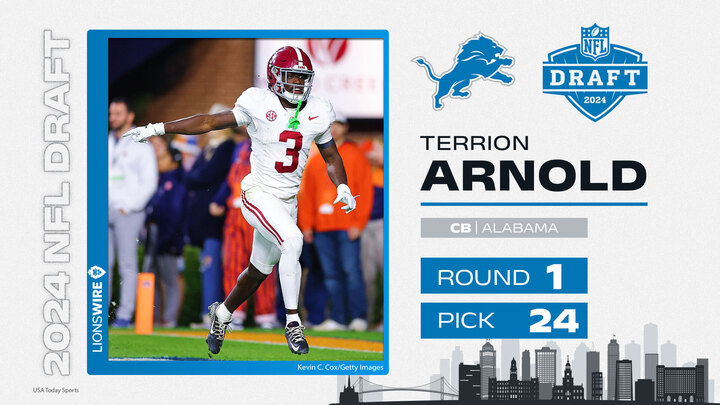 Terrion Arnold selected No. 24 overall by Detroit Lions in first round of 2024 NFL draft