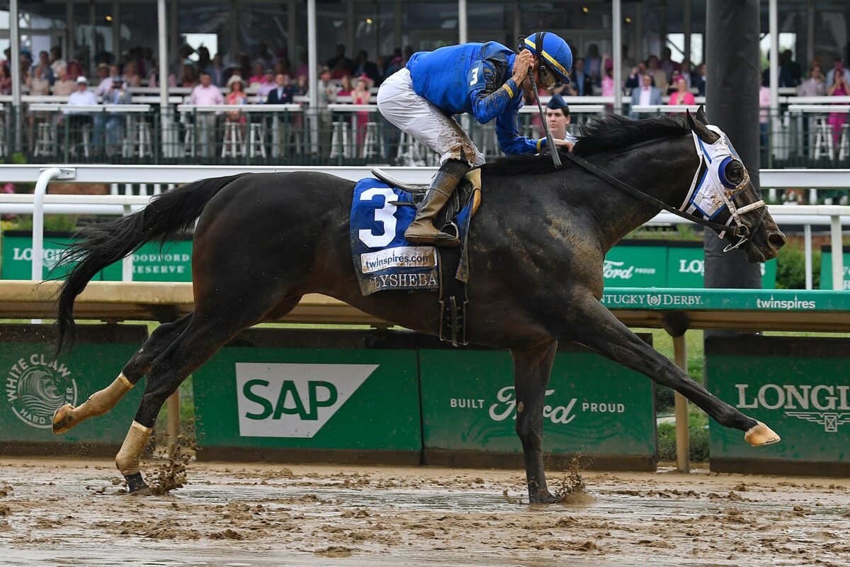 Jockey Florent Geroux is wearing customized Creed pants during the 2024 Kentucky Derby