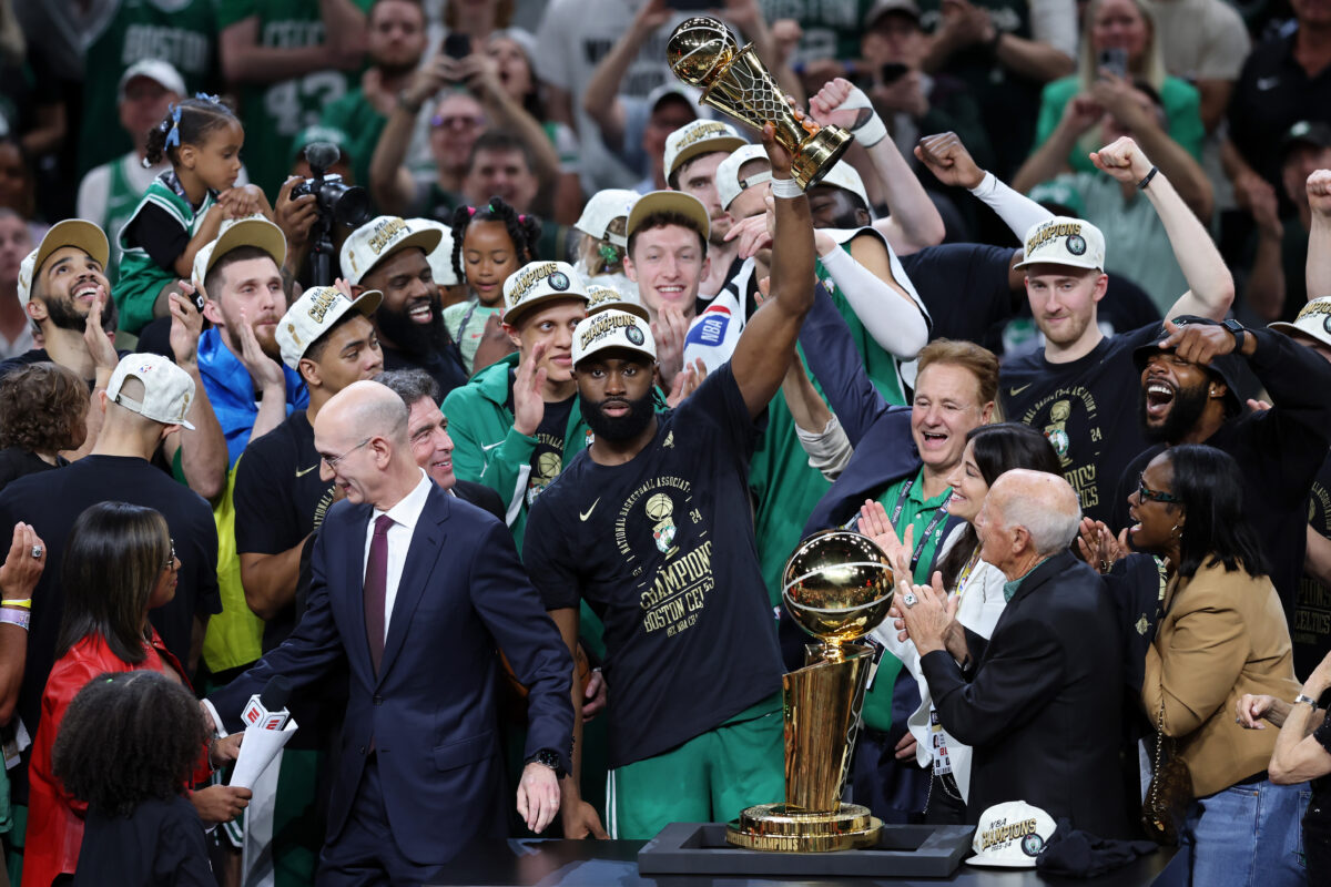 Jayson Tatum reacting to Jaylen Brown winning 2024 NBA Finals MVP with the Boston Celtics