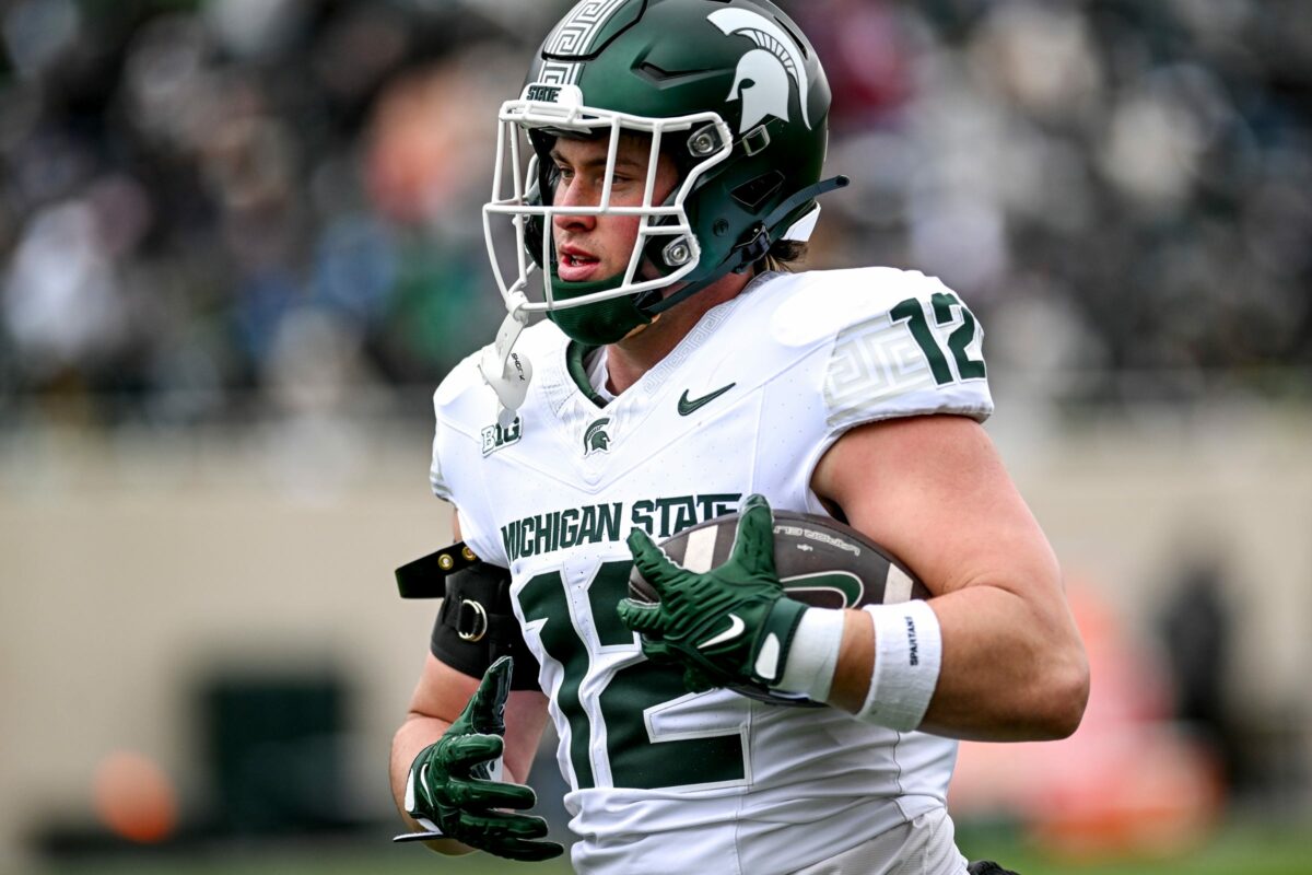 Michigan State football TE Jack Velling speaks to the media